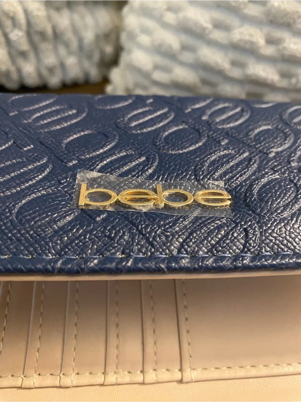 bebe Navy Quilted Logo Zip-Around Wallet with Gold Hardware